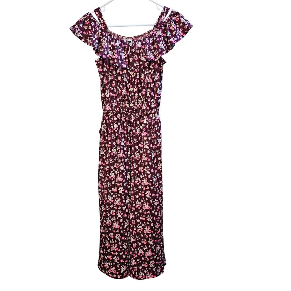 Justice Girls Floral Ribbed Jumpsuit Burgundy Maroon‎ Ruffle Wide Leg Size 12/14